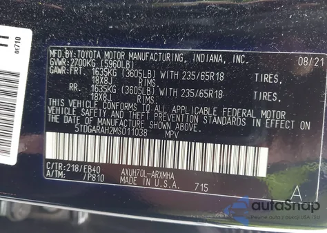 2021 Toyota Highlander Hybrid Xle из США, поврежденный, VIN 5TDGARAH2MS011038